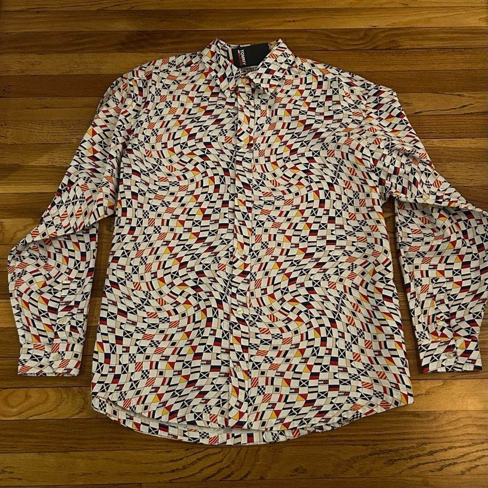 Tommy Jeans All Over Flag Nautical Sailing Button Down Shirt White Size Mens XL